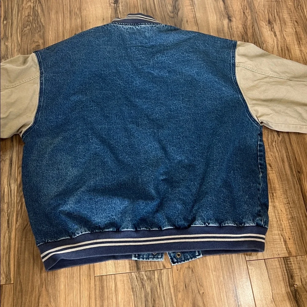 VTG Lee Denim & Beige Bomber Jacket with"OGE"& "POWER DELIVERY CONSTRUCTION" XXL - Picture 9 of 10